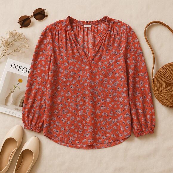 GAP Ruffle Neck Ditzy Floral Blouse Red Blue Woven Casual Womens XS - Picture 1 of 6